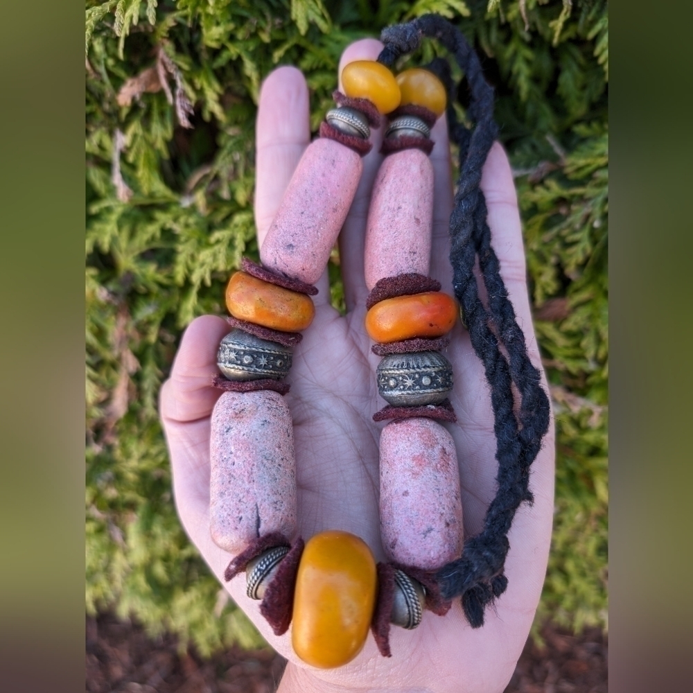 Vintage Berber Moroccan Handcrafted Pink Stone Silver Bead Statement Necklace - Picture 3 of 6